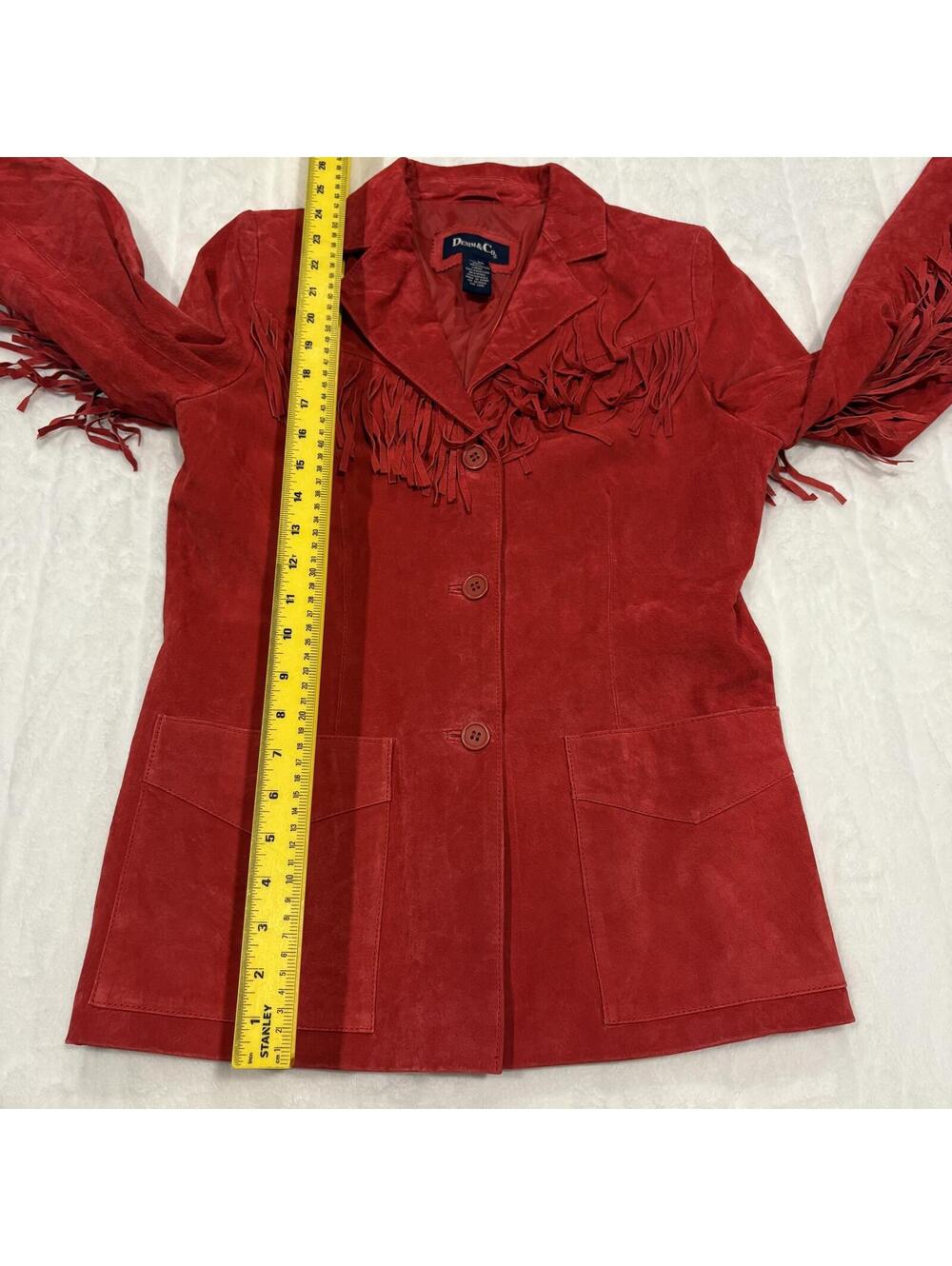 Denim & Co. Women's XS Red Leather Fringe Jacket Suede Stylish Outerwear - Picture 4 of 7